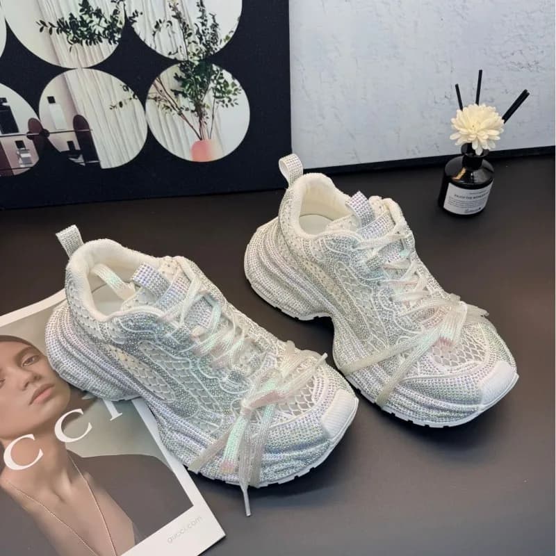 Spring Autumn Fashion New Women'S Silver Rhinestone Dad Sports Shoes Comfortable Outdoor Thick Sole Lace Up Casual Sneakers