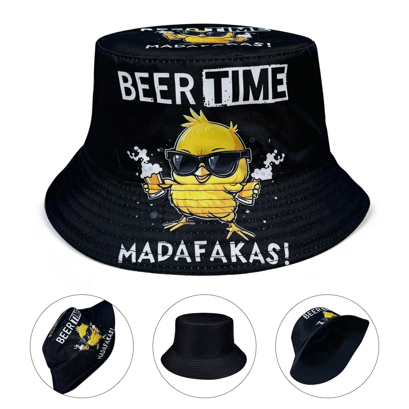 Cappello da pescatore grafico 3D Cool Duck'Beer Time', design leggero di anatra cartone animato con occhiali, cappello da sole casual unisex reversibile e pieghevole, adatto per viaggi in spiaggia e abiti casual