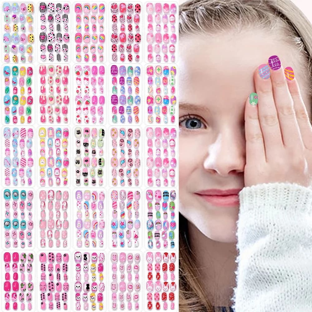 120 pieces 5 sets candy children nails pressure tips for kids nails fake girls festival colorful cover complete nails tool for manicure