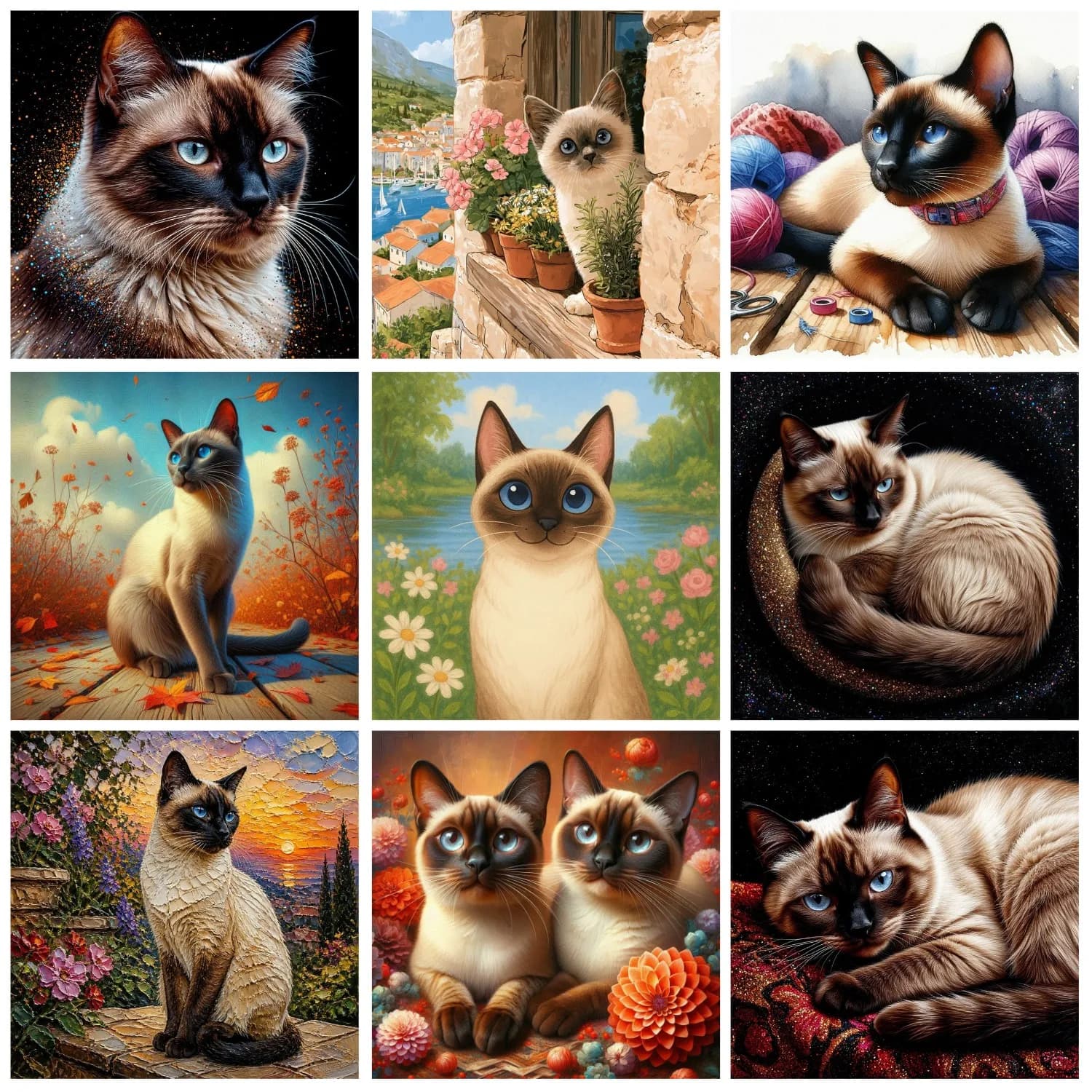 New Siamese Cat DIY AB Diamond Painting Kit Pet cat and flowers 5D Embroidery Cross-stitch suitable for beginners Room Decor Gif