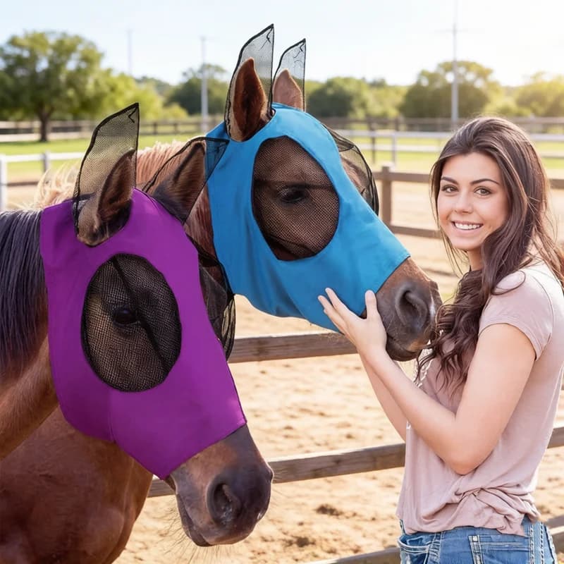 Maschera Antimosche per Cavalli con Naso Lungo e Orecchie Coperte, Rete Elastica Anti-Mosche, Maschera Protettiva Comoda per Cavalli