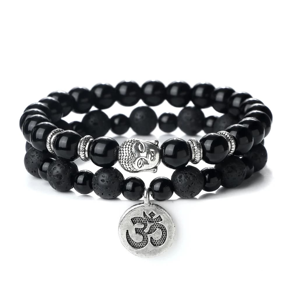2 pz/set Braccialetto di Pietra Naturale Per Le Donne Degli Uomini Vintage Etnico Testa di Buddha Bracciali Yoga Om Aum Braccialetto di Fascino Coppia Gioielli Regalo