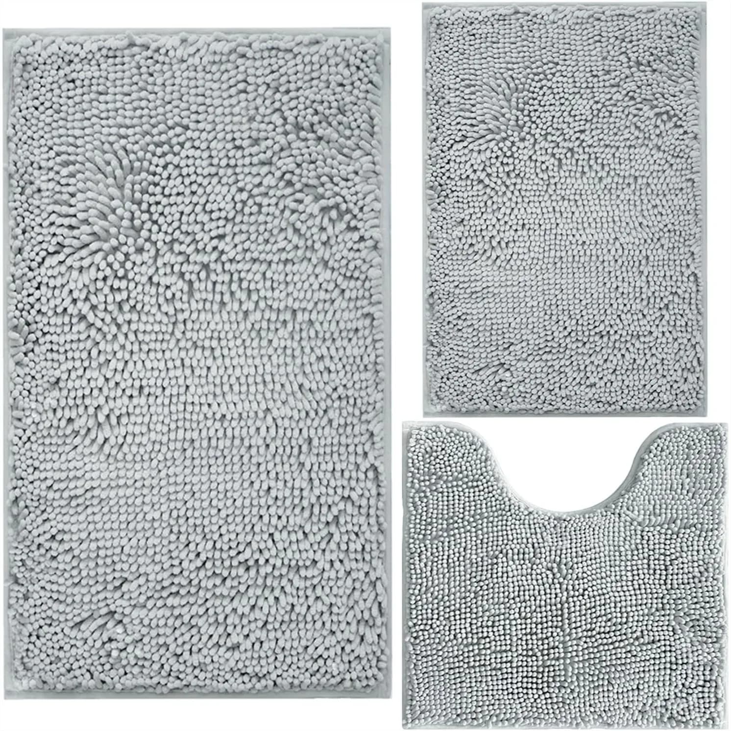 Set di Tappeti da Bagno 3 Pezzi, Extra Morbidi e Assorbenti, Antiscivolo, Lavabili in Lavatrice, Tappeti in Peluche Grigio Chiaro