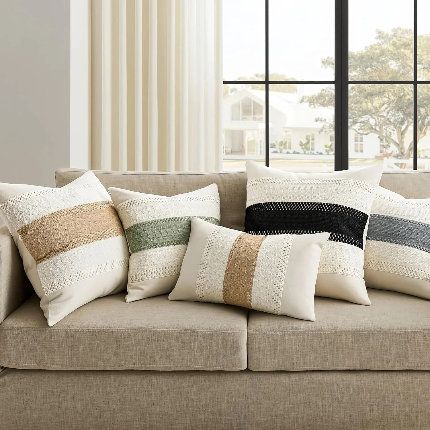 Fodera per cuscino decorativa patchwork in cotone e lino stile Boho per divano, sedia, soggiorno, casa colonica, neutra