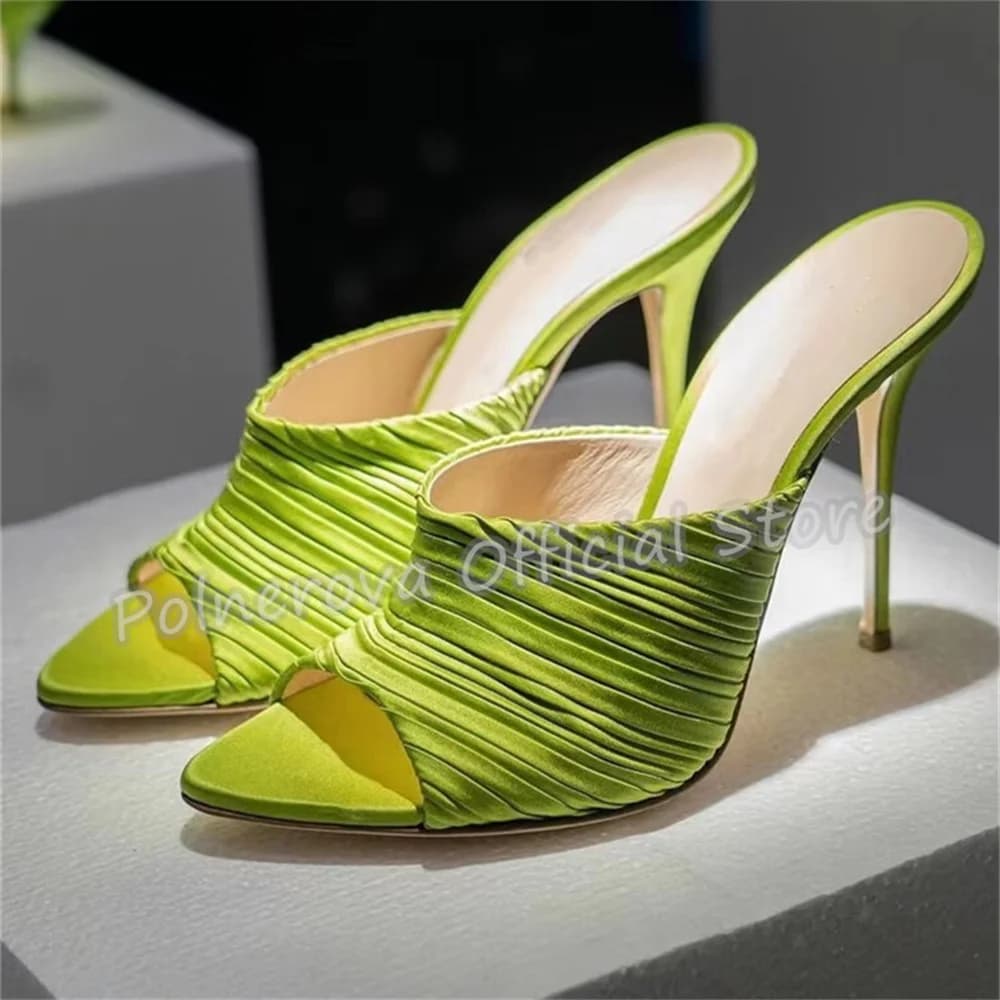 Women Elegant Pleated Ruched Satin Mule Sandals Open Square Toe Slip On Stiletto High Heels Slippers Summer Outside Casual Shoes