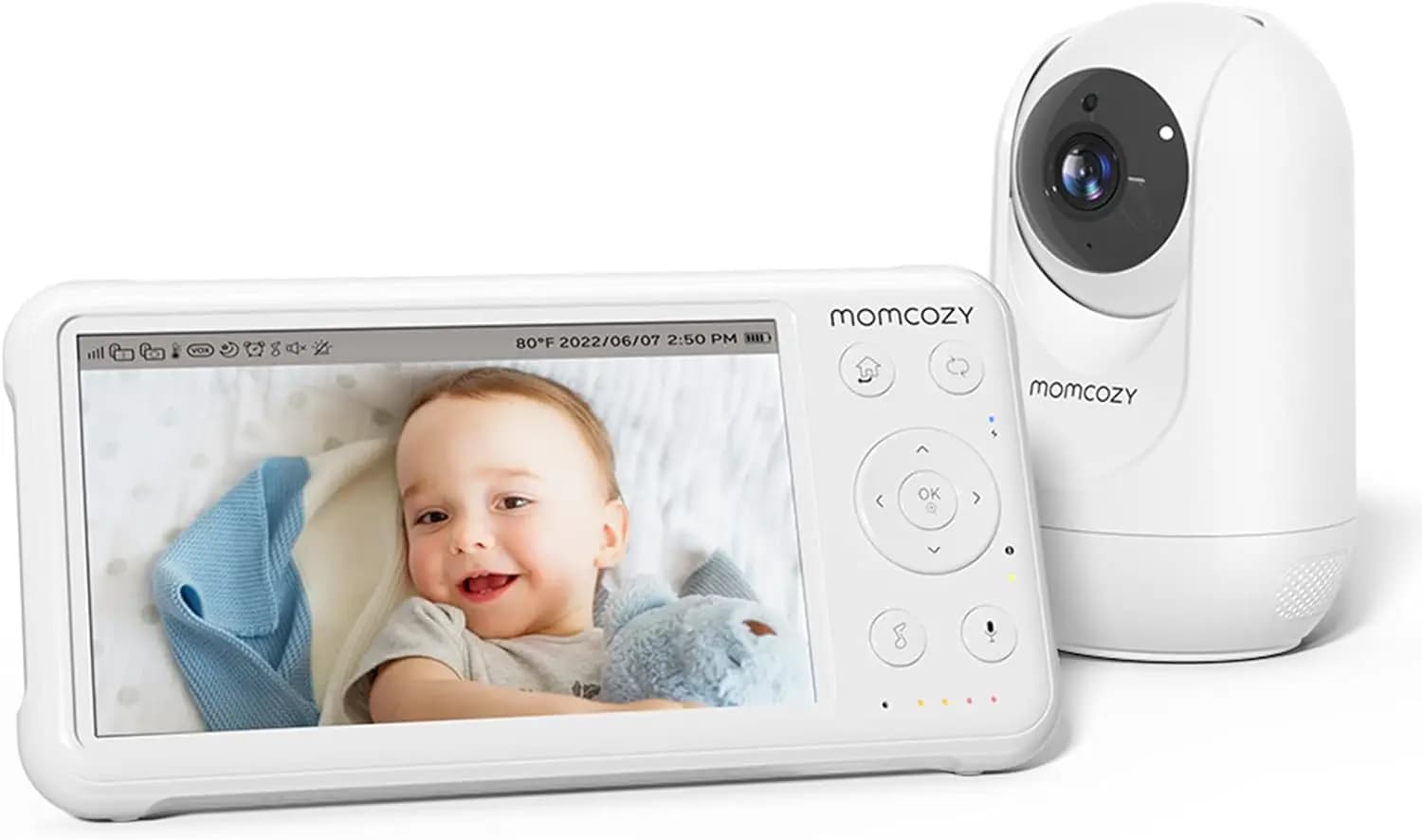 Monitor per Bambini HD 1080P da 5 Pollici con Telecamera, Visione Notturna, Batteria da 5000mAh, Audio Bidirezionale e Sensore di Temperatura