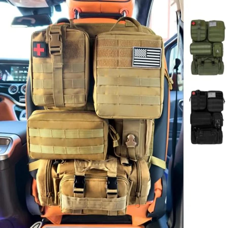 Organizer tattico MOLLE per sedile auto, confezione da 6 - Borsa portaoggetti universale per veicoli con 5 tasche MOLLE staccabili, patch bandiera USA, F
