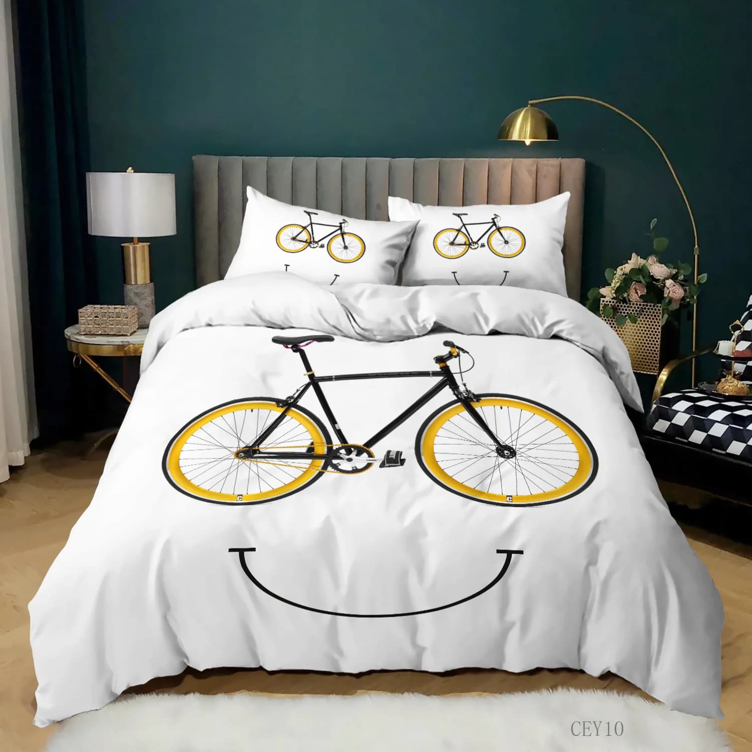 Set copripiumino per bicicletta, opere d'arte per schizzo bici, set di biancheria da letto decorativo da 3 pezzi con 2 federe per cuscino, copripiumino bianco queen/king size