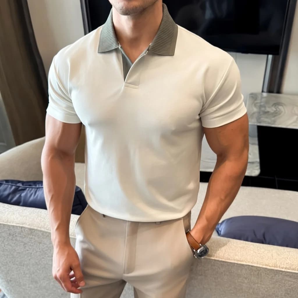 Polo da Uomo in Cotone con Scollo a V, Moda Business, Traspirante, Manica Corta, per Sport all'Aperto e Golf