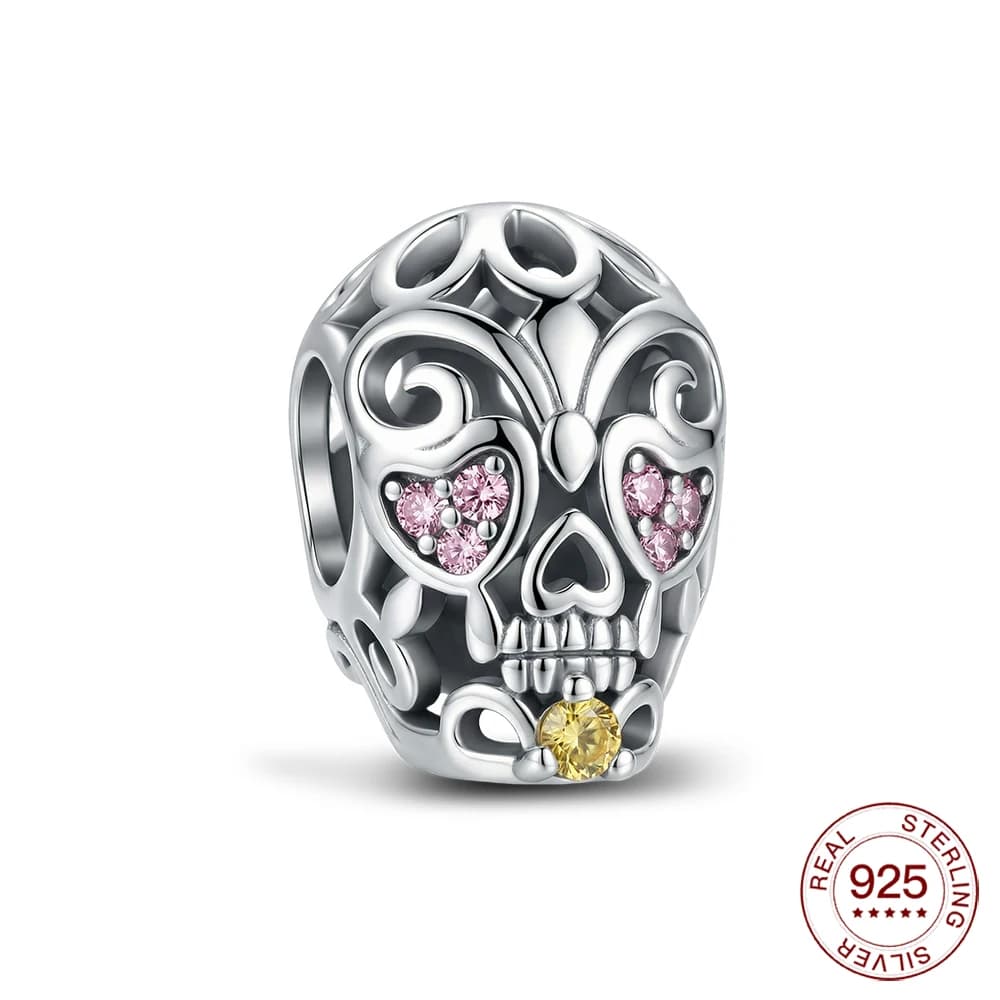 925 Sterling Silver Filigree Skull Charm Pink Zircon Eyes & Yellow Nose Fit Original Bracelets Gothic Jewelry Gifts For Women