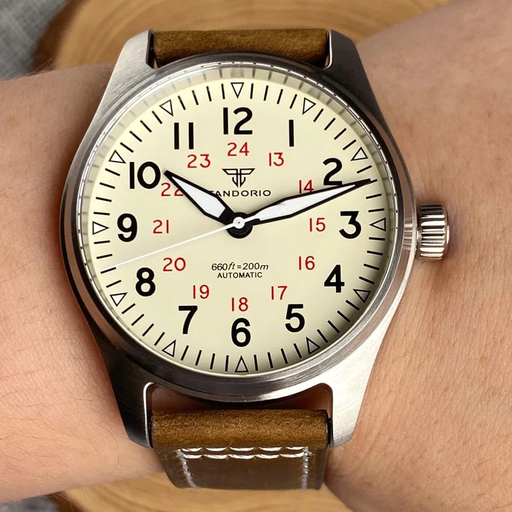 Tandorio Brushed 39mm Pilot Miyota 8215 Automatic mechanical movement Diver Beige Sandwich Dial Sapphire Glass 20ATM