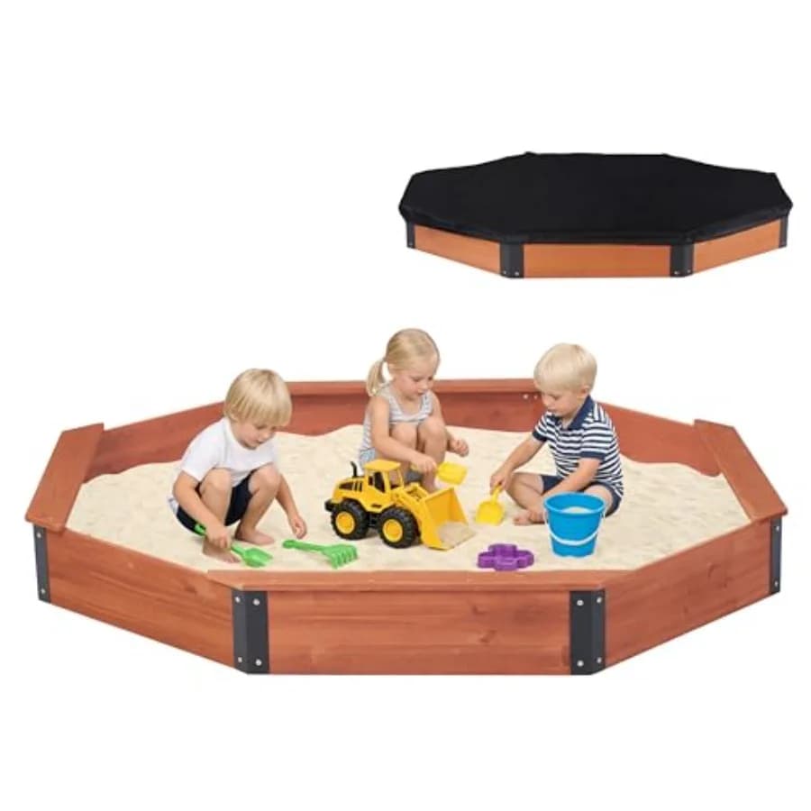 Box per sabbia ottagonale 85''x78''x9'' con copertura per gioco all'aperto, grande vasca per sabbia in legno con 4 panche, installazione facile e veloce