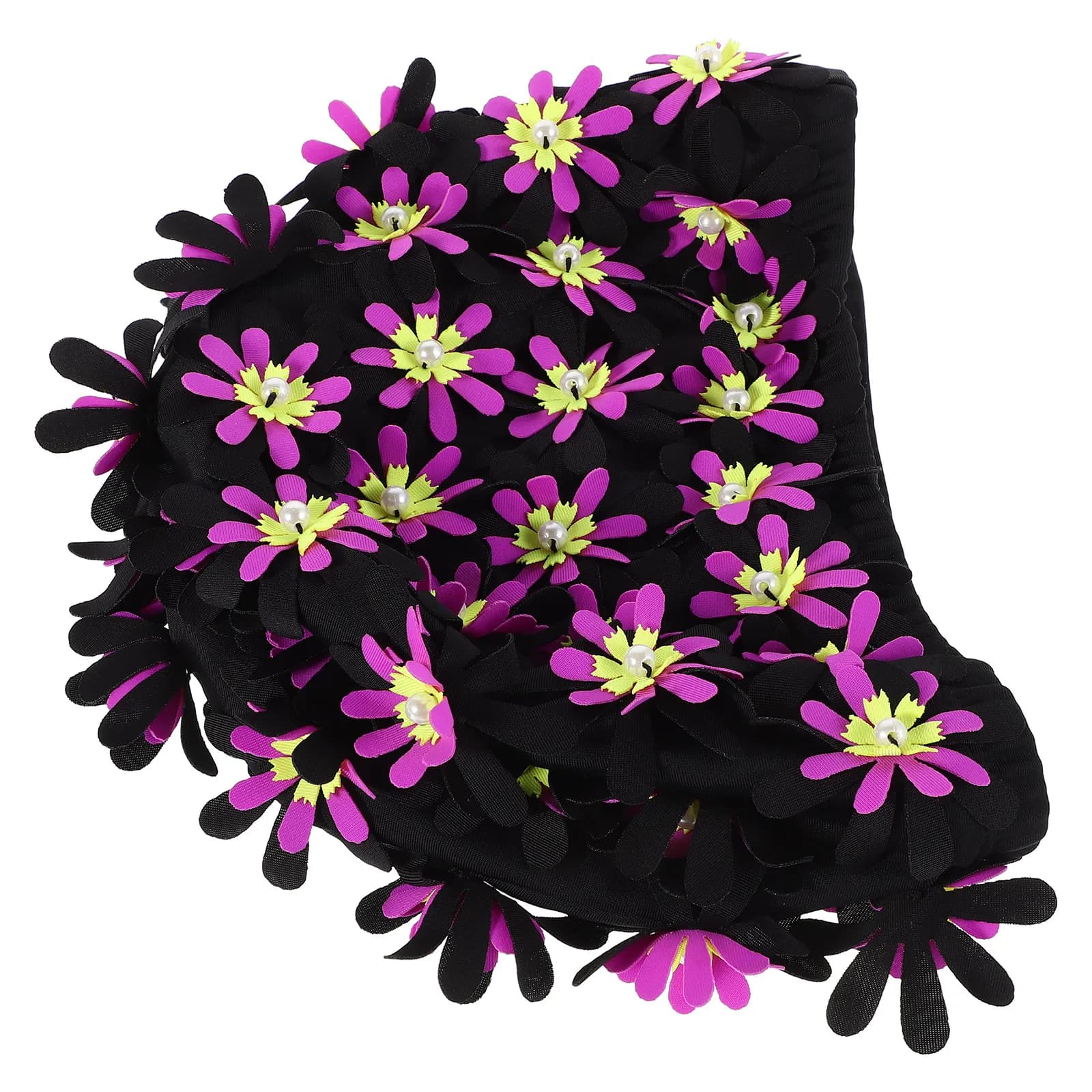 Embroidery Floral Swim Cap Reusable Women Pearl Flower Double Layer Fabric Bathing Cap Long Hair Swimming Accessories