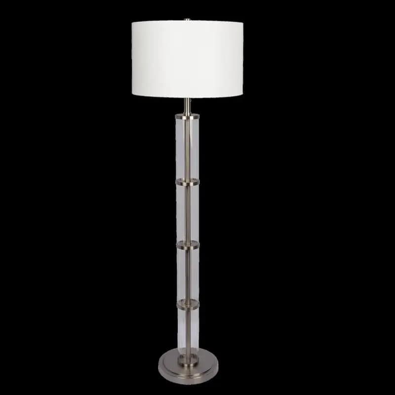 Brushed nickel floor lamp with 3-way switch, transparent glass body, metal base, modern design for living room lighting or bedroom