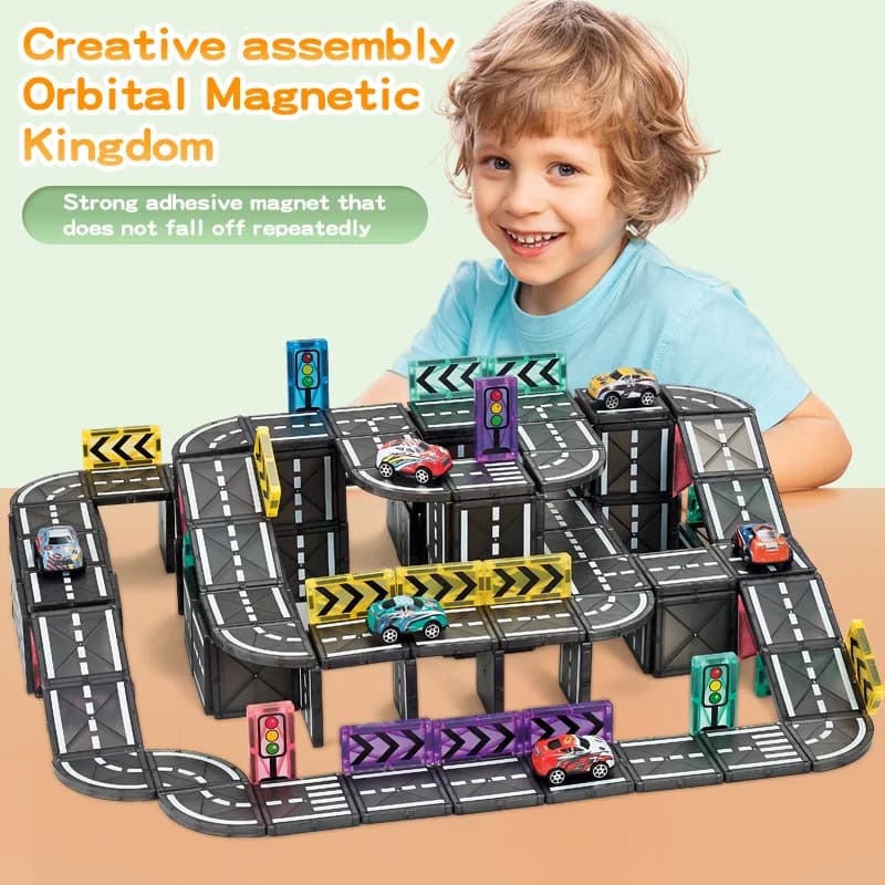 Highway Magnetic Tile Track Building Blocks with Toy Cars, Kids Educational Construction Playset