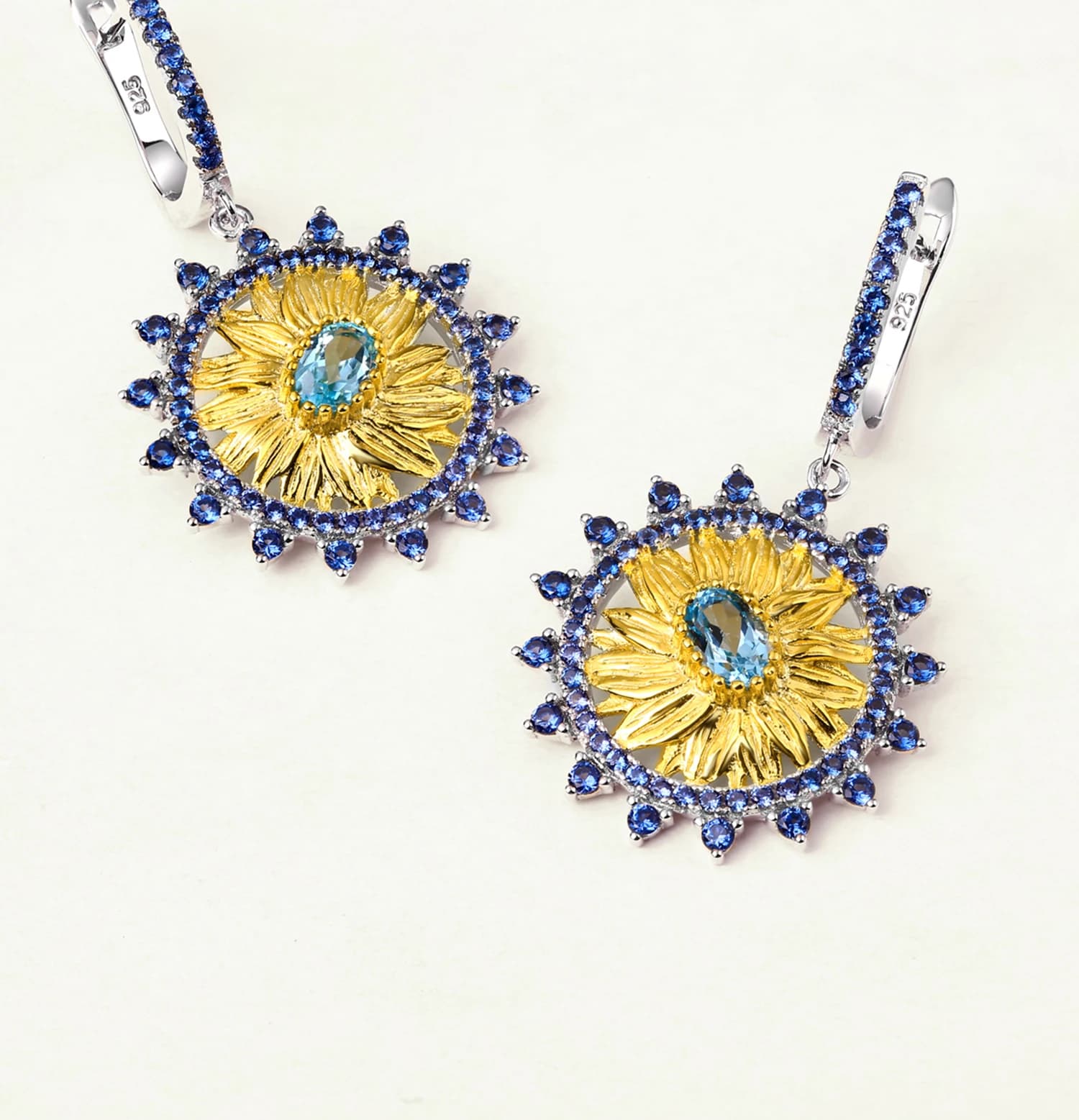 GEM'S BALLET Orecchini pendenti a forma di girasole con topazio blu svizzero naturale da 1,20 ct Orecchini fatti a mano in argento sterling 925 per donna Brincos