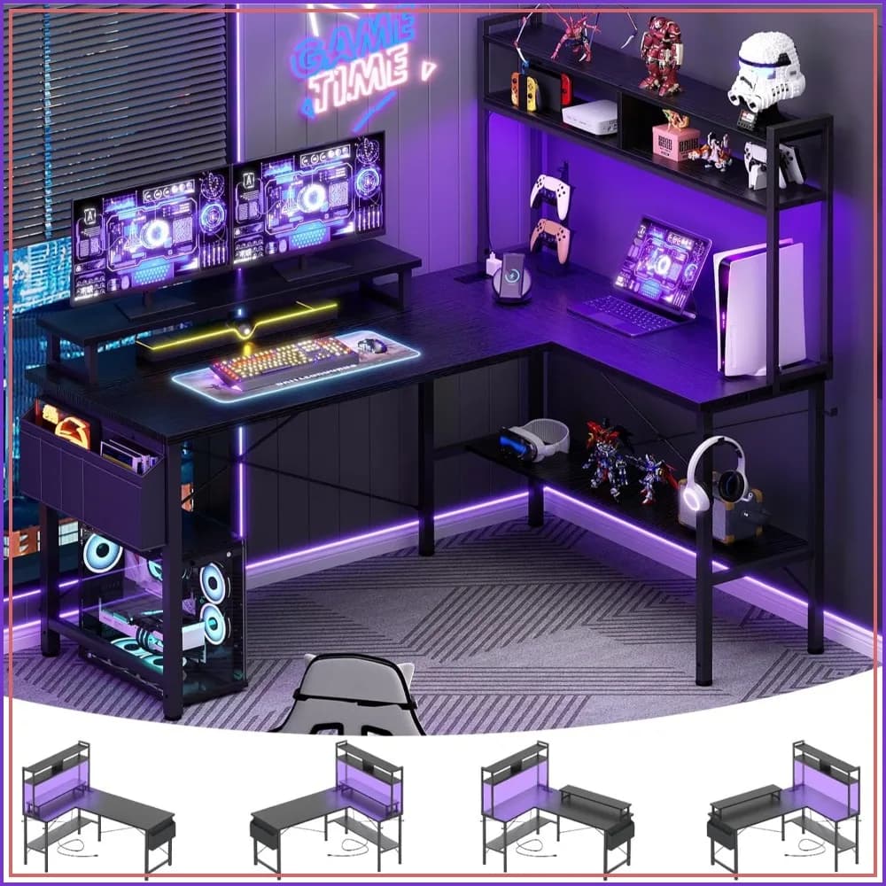 L Shaped Gaming Desk with Power Outlets & LED Lights, Small Corner Desk with Monitor Stand & Storage Shelf, Home Office Writing Desk with Storage Bag
