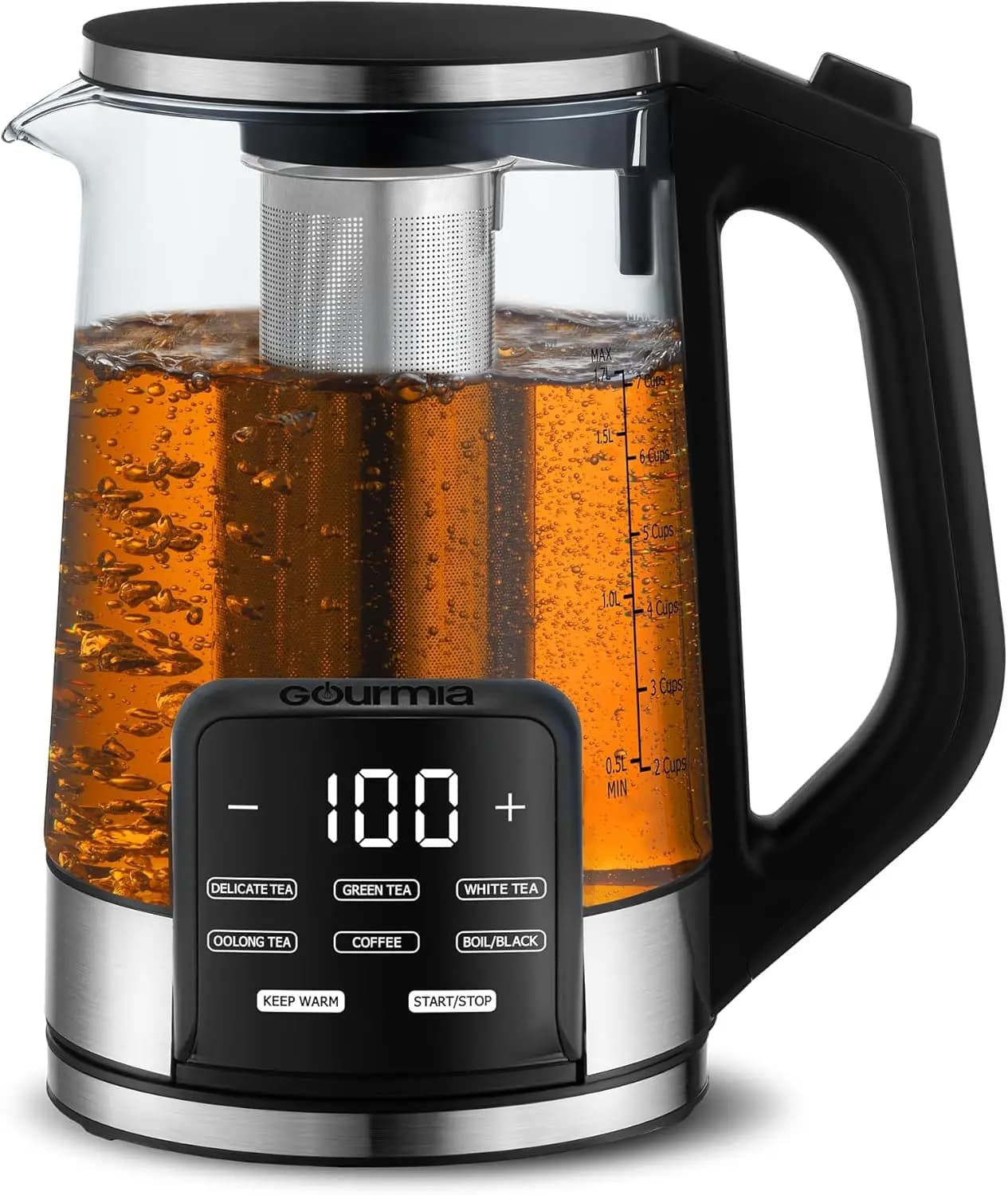 1,7L Glass Electric Kettle with Digital Display Touch, 6 presets, Removable Infuser, Wireless & Base
