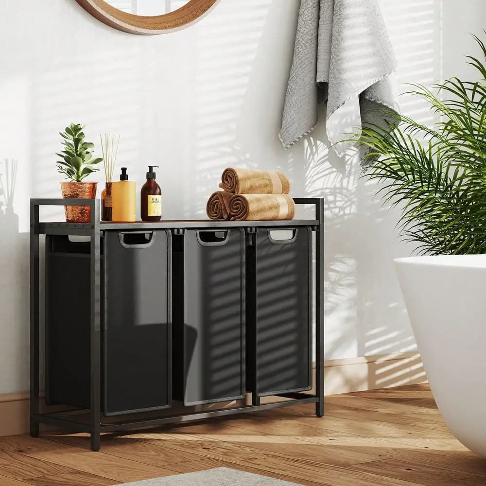 Cesto Portabiancheria, Cesto per Bucato, Organizzatore per Bucato con 3 Sacchi Estraibili e Rimovibili, Ripiano, Struttura in Metallo, 3 x 10 Galloni