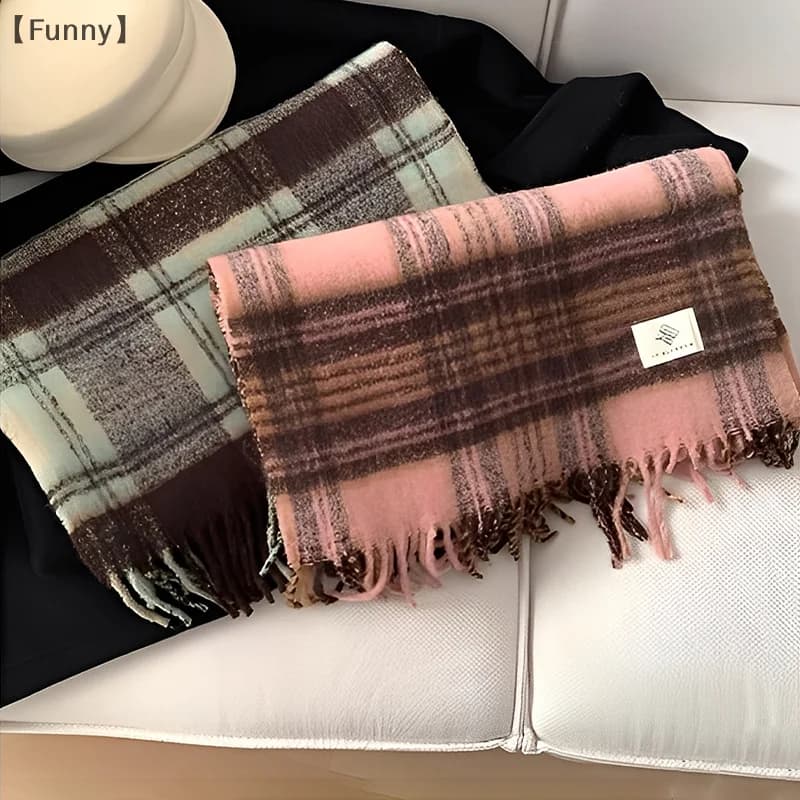 〔Funny〕Autumn And Winter New Couple Scarf Women's Warm Thick Shawl Retro Lazy Style Plaid Neck Scarf