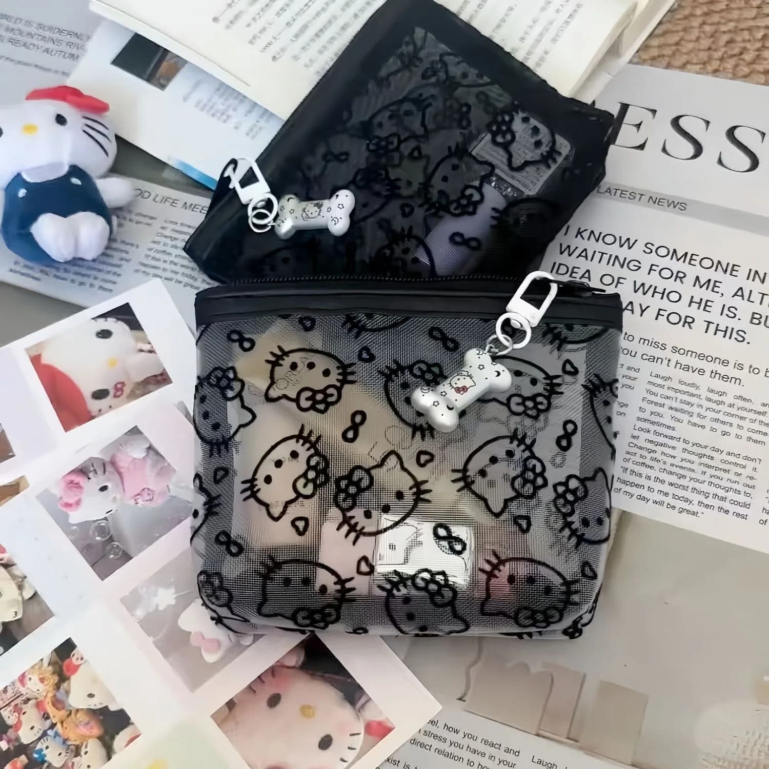 Transparent Mesh Hello Kitty Coin Purse Cartoon Style Fashionable, Simple Portable Makeup Bag Headphone Storage Bag Holiday Gift