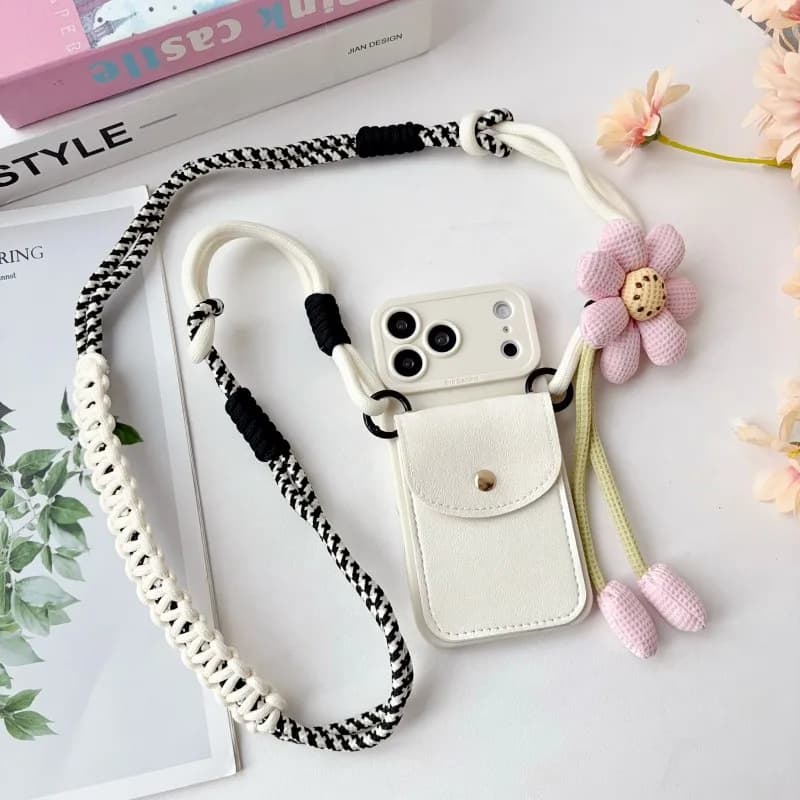 Flower Wallet Strap Case for iPhone 17 Pro Max Air 16 11 12 13 14 15 Plus Card Slots Crossbody Lanyard PU Leather Fashion Cover