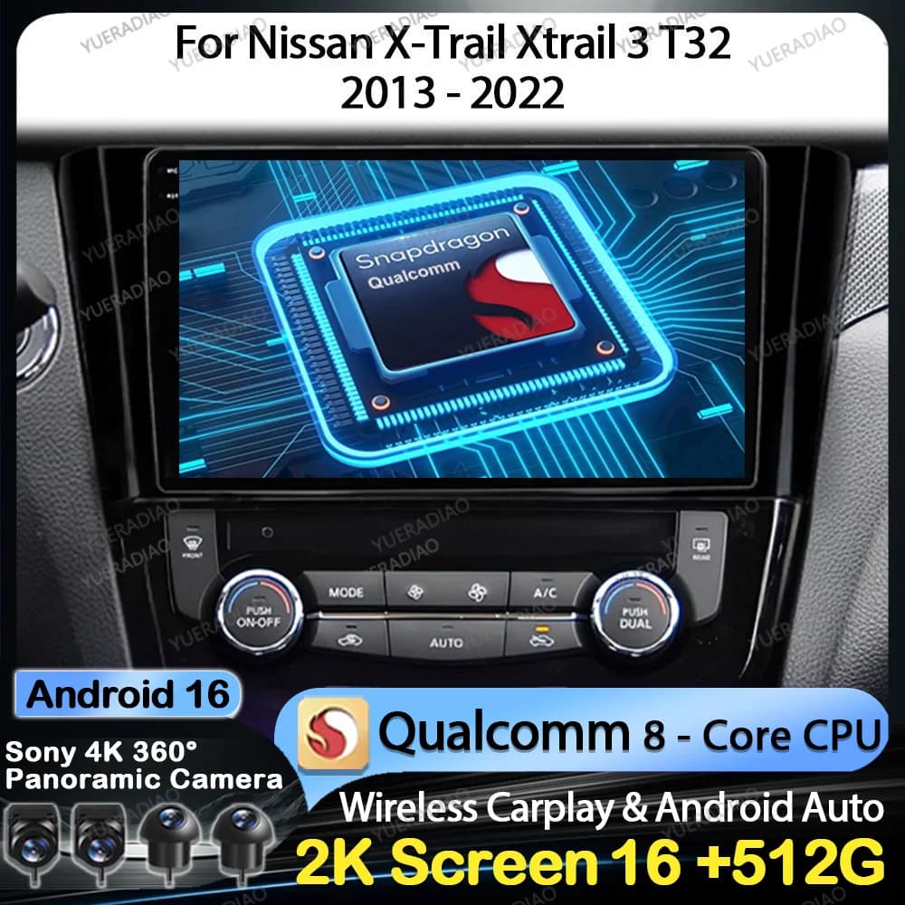 Autoradio Android 16 per Nissan X-Trail Xtrail 3 T32 2013 - 2022 Lettore Multimediale Stereo Video GPS NAVI Qualcomm 4G LTE 5G WIFI