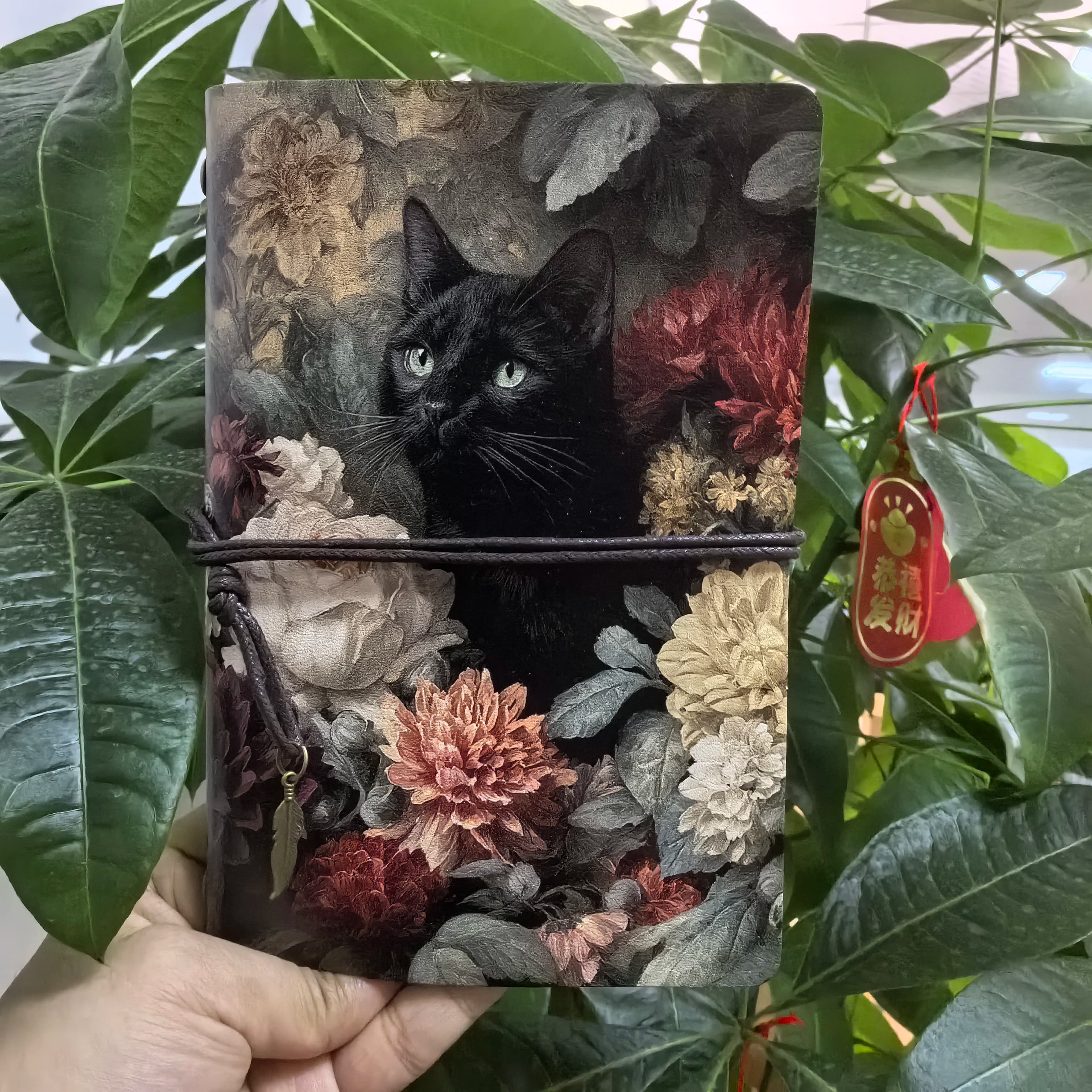 Vintage Black Cat Floral Leather Notebook, Retro Oil Painting Travel Journal, A6 Portable Diary Book With Elastic Band, Daily Pl