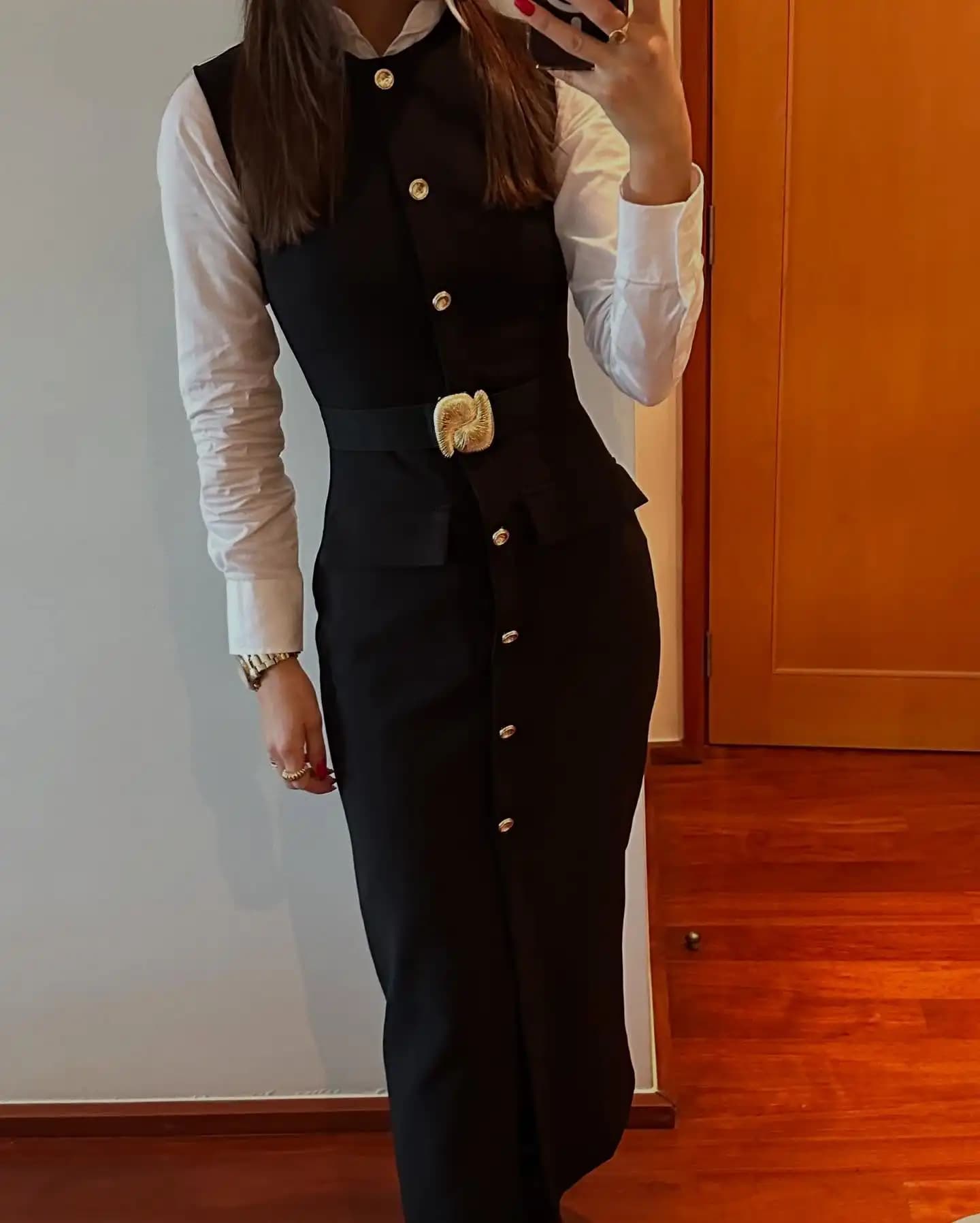 Women's Elegant Dress 2025 Longuette Slim Single-breasted Sleeveless Women's Dress with Belt Women's Dresses