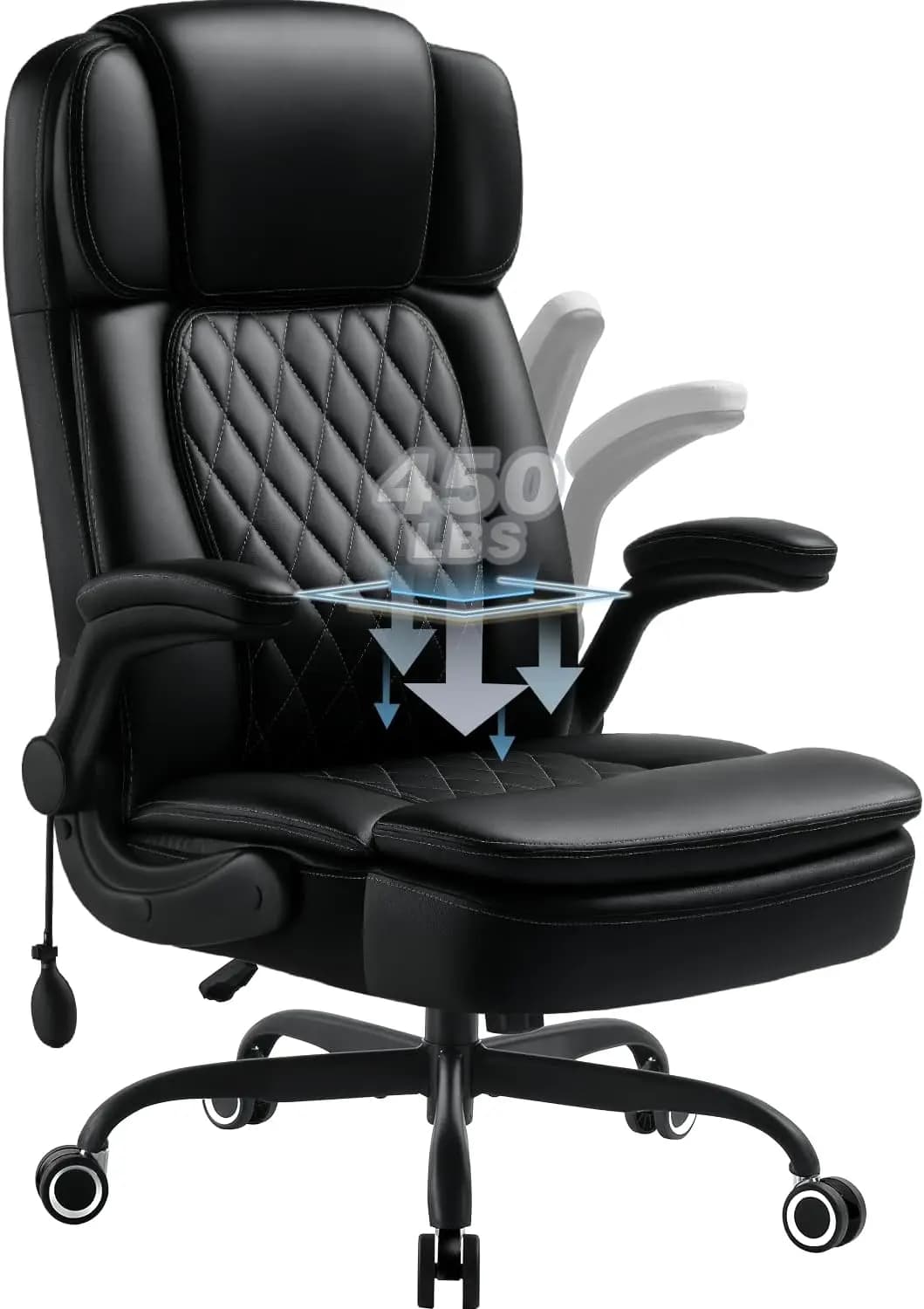 450LBS Big & Tall Executive Office Chair, Flip Up Armrests, Heavy Duty PU Leather, High Back Swivel, Spring Cushion, Metal Base