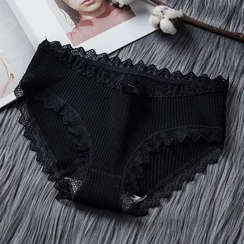 Cotton Sexy Lace Mid Waist Underwear Threaded Brief Solid Color Skin Friendly Ladies Underpant Breathable Fashion Casual Panties