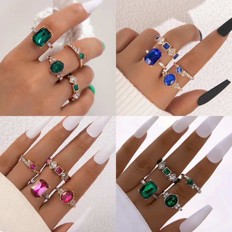 Light Luxury Geometric Gemstone Rings, Colorful Rhinestone 4-Piece Ring Set