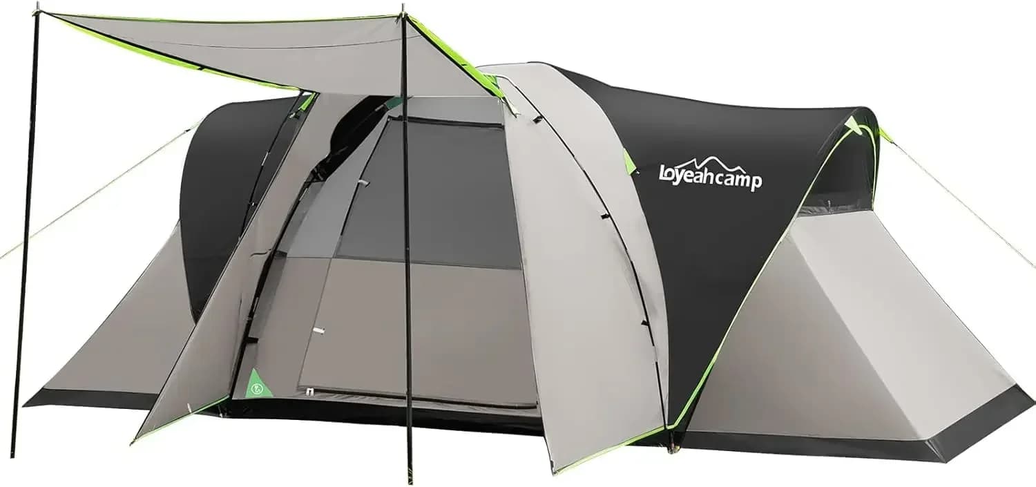 Extended Dome Camping Tent for 8 persons with 3 rooms, semi-autonomous family tent for outdoors with spacious interiors