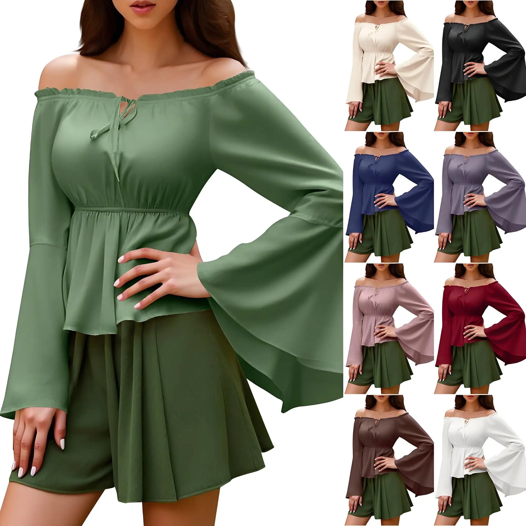Renaissance Blouse Peasant Women Off Shoulder Sleeves Shirt Boho Sexy Steampunk Pirate Medieval Cosplay Costume Corset