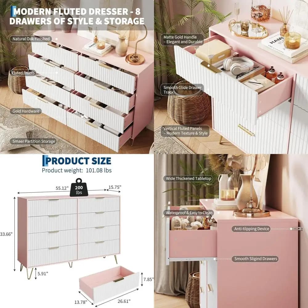 Mobiletto con 8 cassetti per camera da letto, largo 55 cm, in legno con maniglie in metallo, rosa