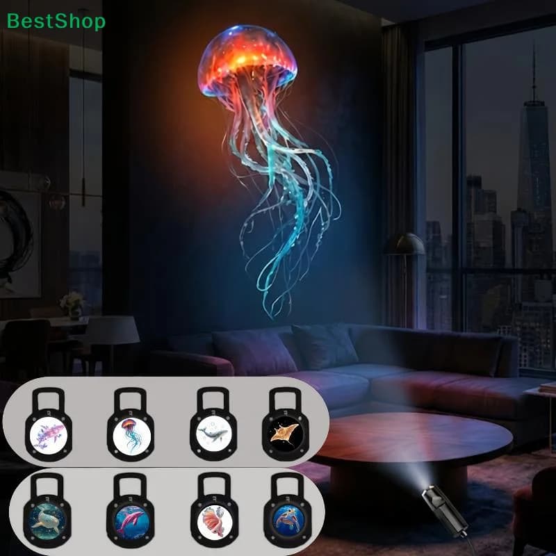 ☽LED USB Projector Light Ocean Projection Lamp With 8pcs Marine Life Light Panels Ceiling Decorative Night Light
