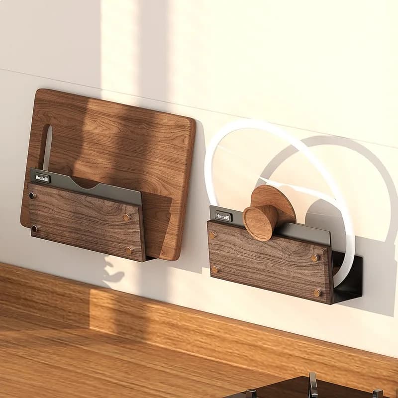 Mid-Century Walnut Wall Mounted Pot Lid & Cutting Board Rack No Drilling