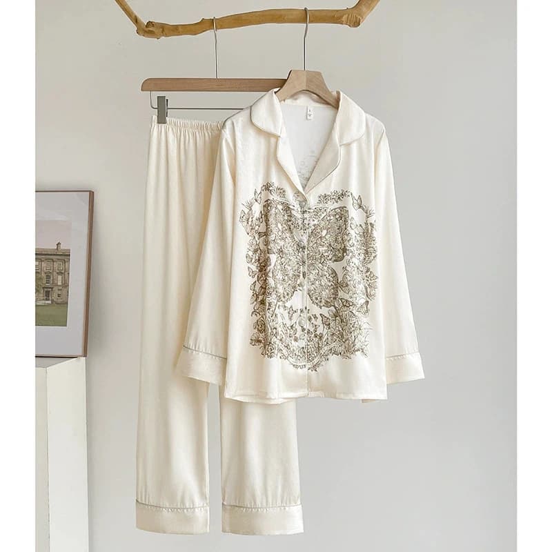 Luxury Print Female 2pcs Pajamas Set Sleepwear Spring Summer Silky Satin Nightwear Pijamas Trouser Suits Loose Casual Home Wear