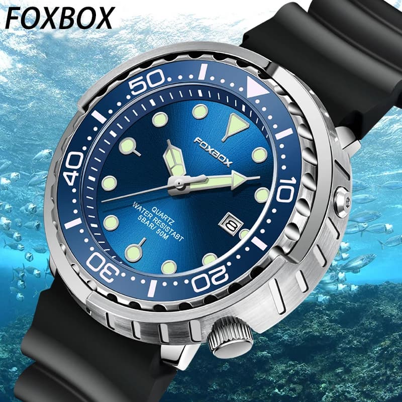FOXBOX Top Brand Fashion Diver Orologio da uomo 50ATM Impermeabile Data Orologio Orologi sportivi Orologio da polso al quarzo da uomo Relogio Masculino