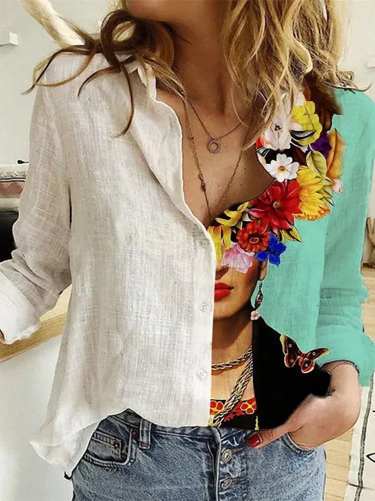 Camicie da donna colletto rovesciato a maniche lunghe primaverili e autunnali Stampa di moda Camicette da pendolare eleganti comode e rilassate allentate