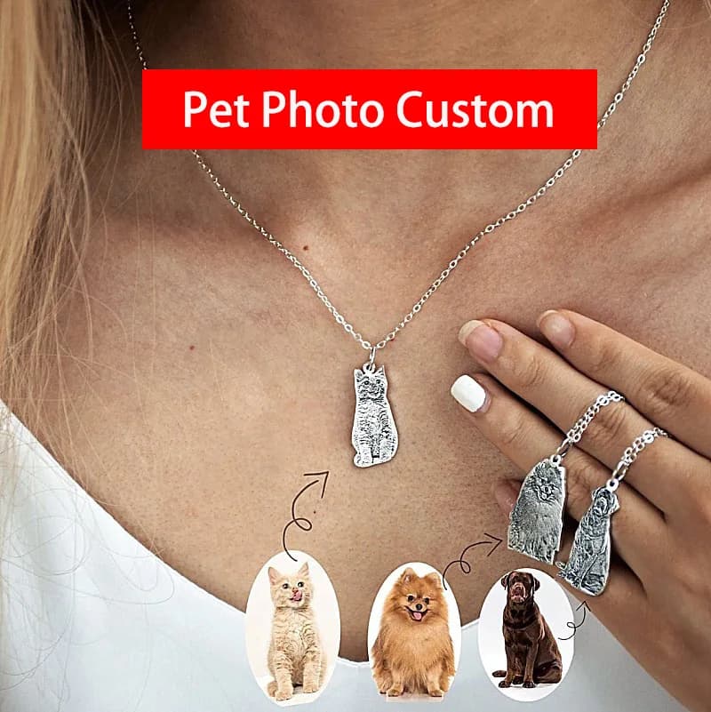Customized Necklace with Cane Photos or Cat Laser Engraved, Stainless Steel, Gift for Woman or Man