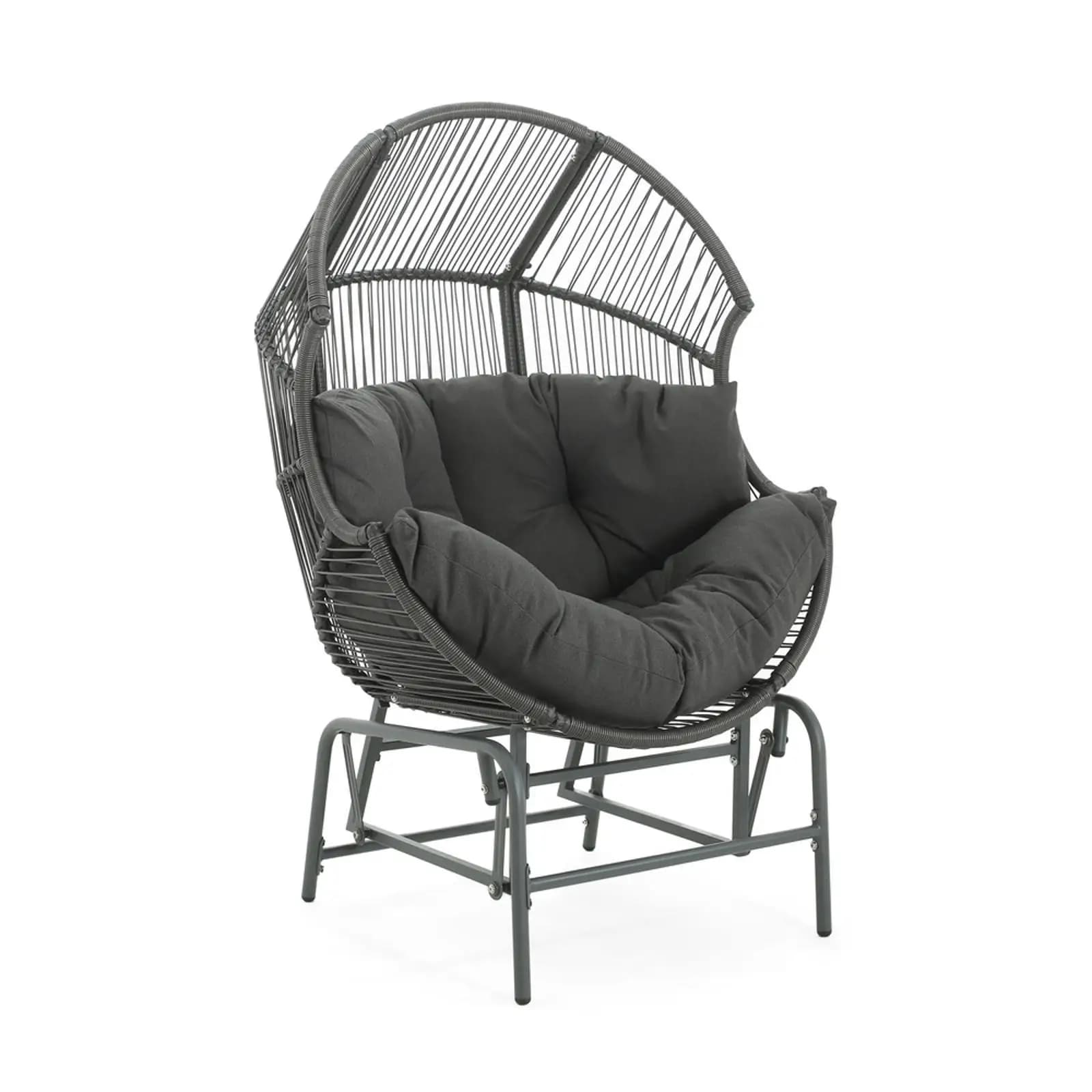 Sedia a dondolo da esterno in vimini con cuscino, seduta ergonomica per patio, poltrona da giardino resistente alle intemperie per terrazza
