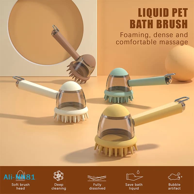 【N】Pet Fashion Bath Brush 2in1 Shampoo Dispenser Grooming Comb Massage Silicone Comb For Dogs Cats Press Bath