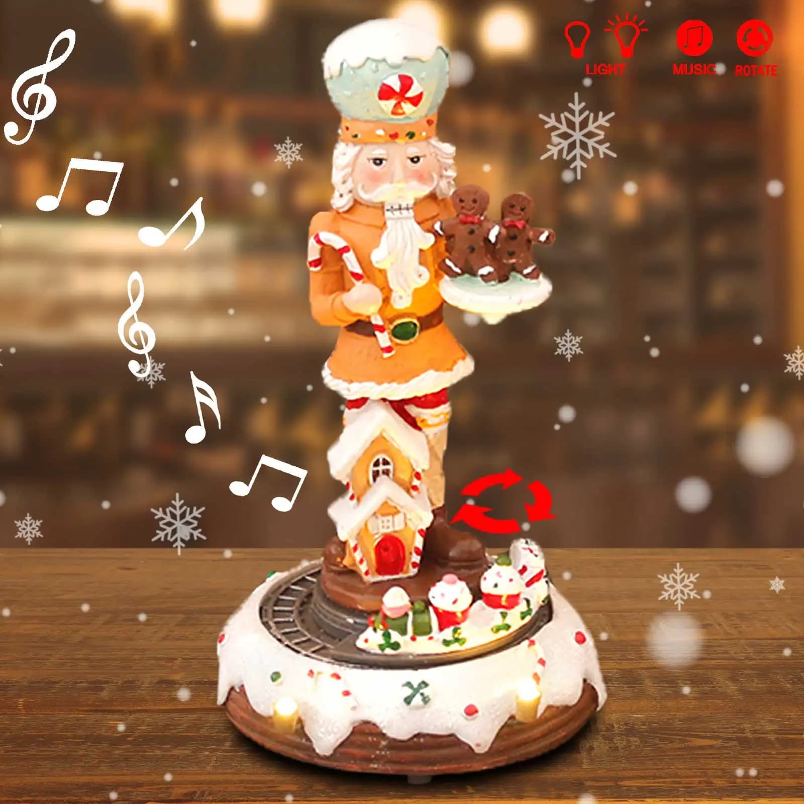 Collezione natalizia di pan di zenzero Schiaccianoci Figurine Treno rotante animato Decorazioni a strati con luce a LED Ornamenti per interni domestici