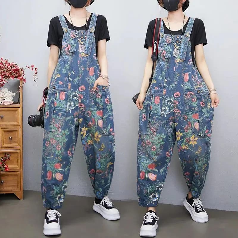 Nuova tuta di Jeans stampata primavera autunno donna allentata Plus Size pagliaccetti Casual con bretelle moda femminile tuta lanterna Jeans