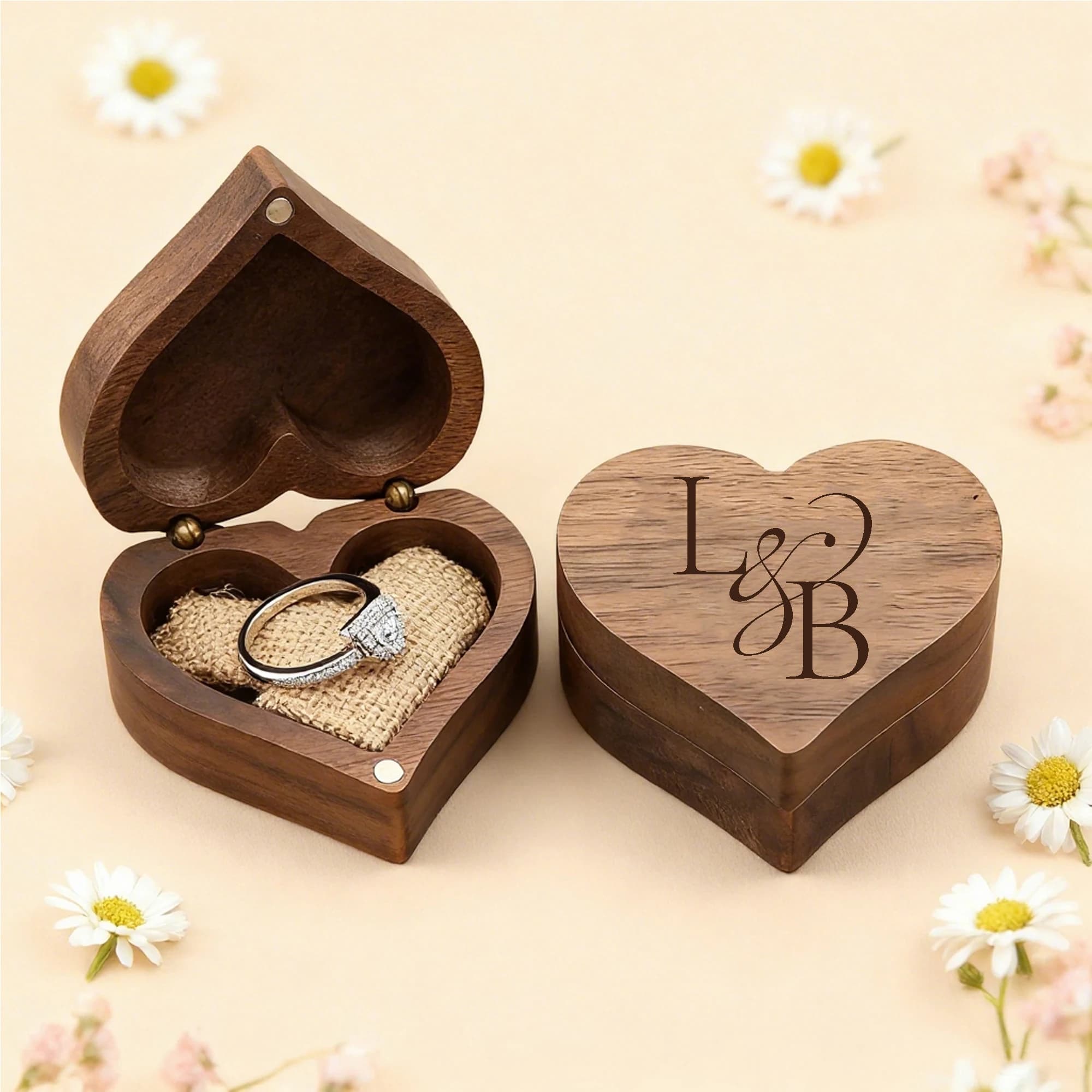 Custom Heart Shaped Wooden Wedding Dress Box with Custom Engraving - Elegant Heart Design, Golden Tone Hardware