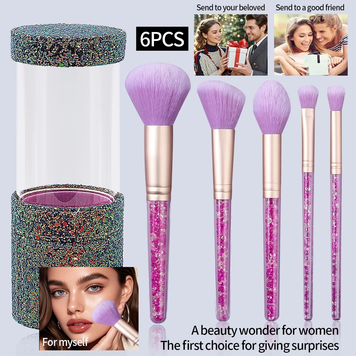 6-piece soft powder brush, contour brush, faucet brush, umbrella brush, makeup and bucket brush set to store sequins, beauty tools
