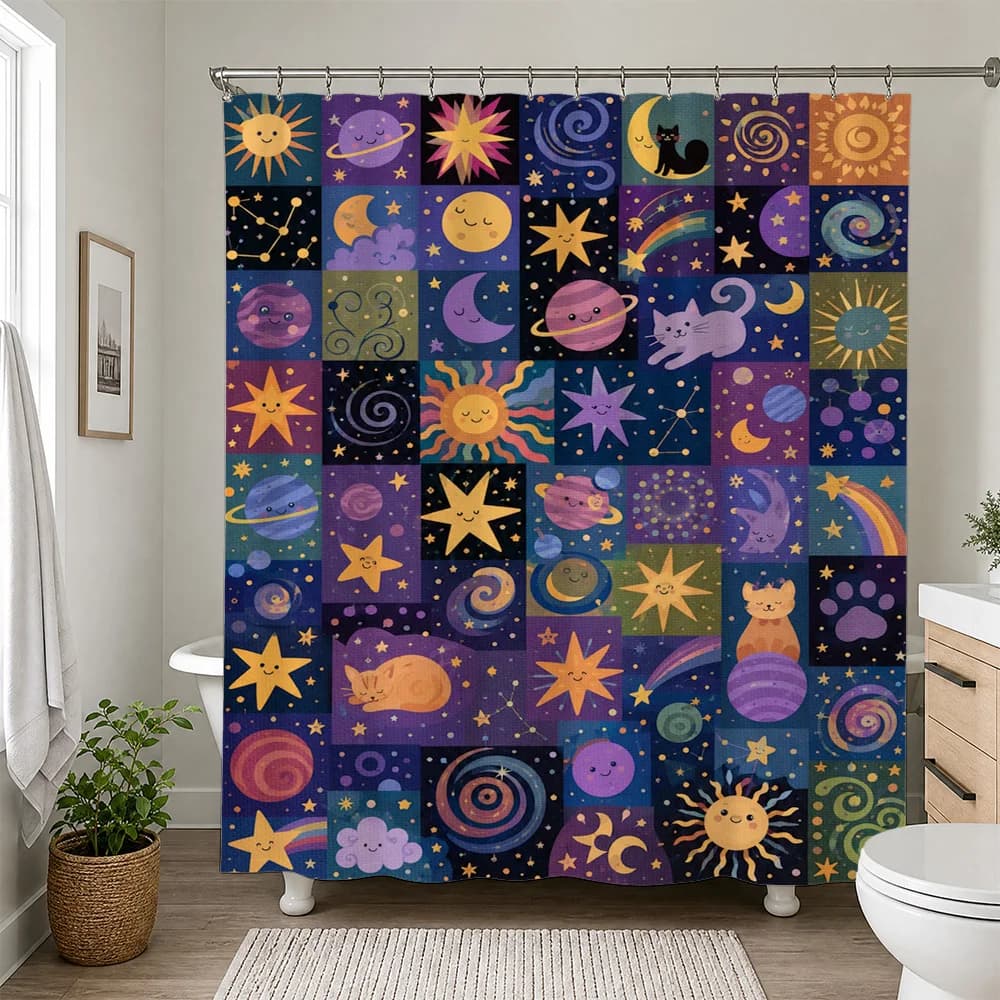 Nursery Bathroom Shower Curtain Galaxy Stars Planets Cute Kids Room Decor Bohemian Celestial Pattern