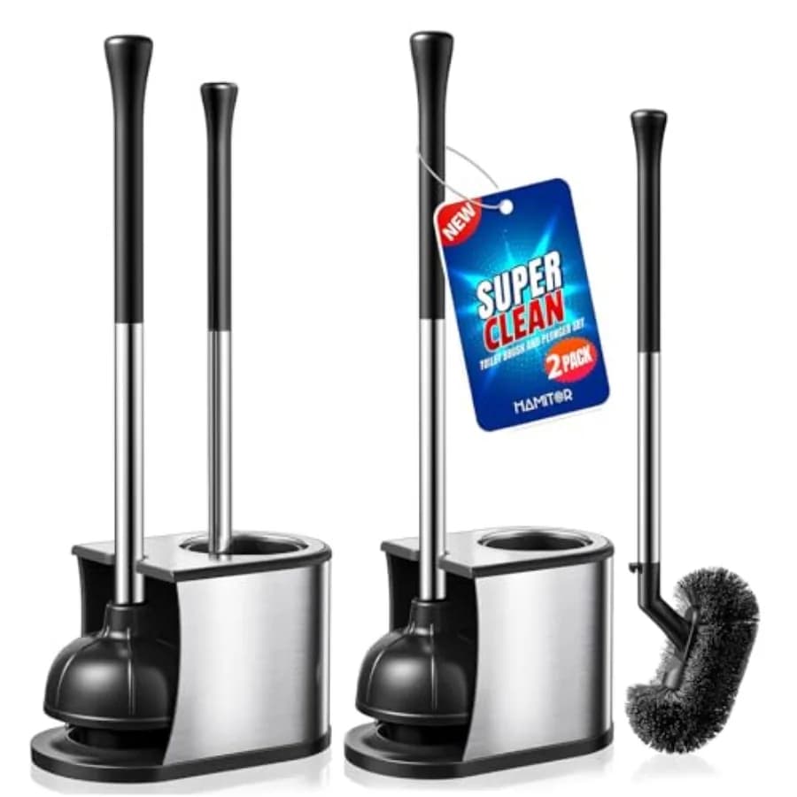 Set Spazzola e Sturalavandini per WC: Spazzola 2 in 1 in Acciaio Inossidabile con Supporto, Setole Curve per Pulizia Profonda e Sblocco Potente