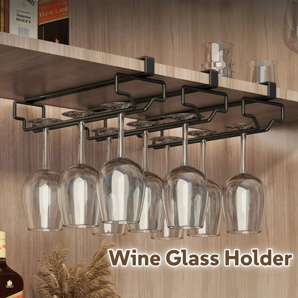 Wine Glass Holder Under Cabinet Wine Glass Hanging Rack Single Row No Screw Stemware Cup Hanger Metal Under Shelf